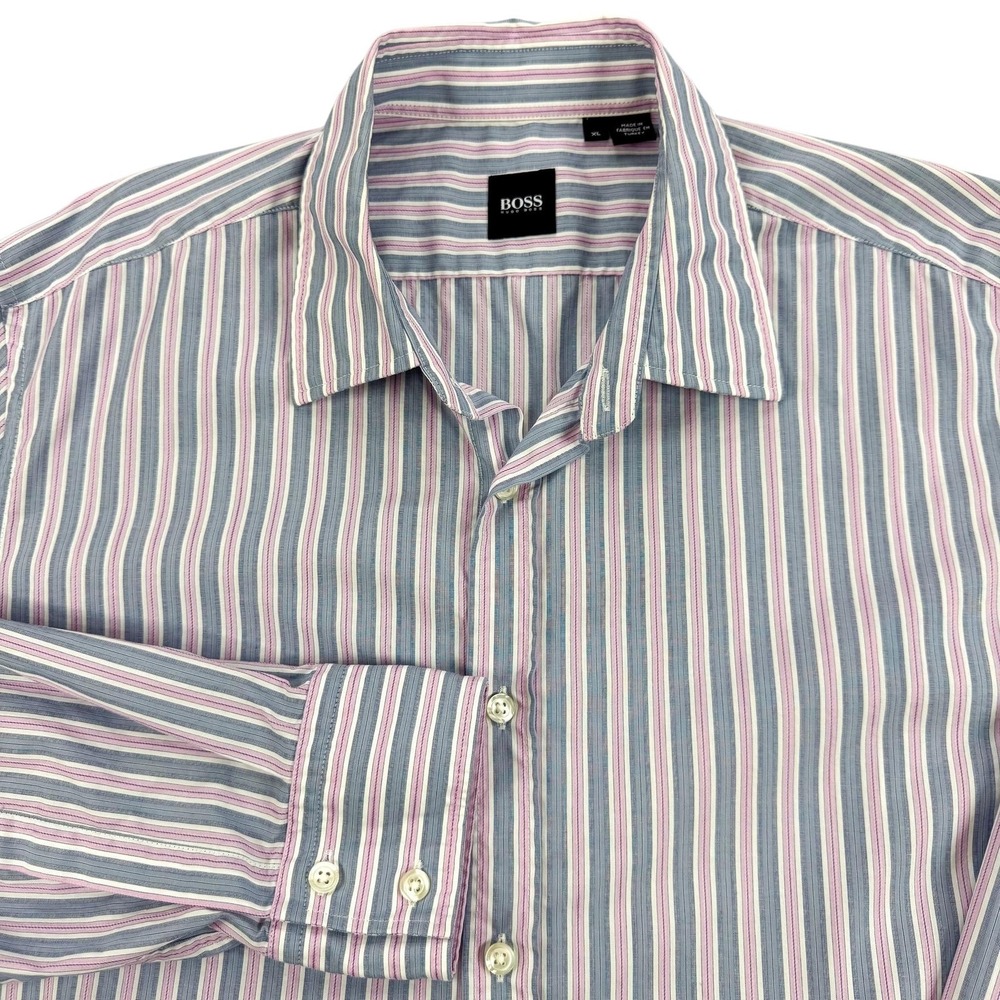 BOSS Hugo Boss Shirt Mens XL Blue Pink Stripe Dress Long Sleeve Office Preppy